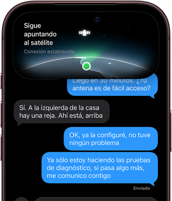 iPhone 18 Pro, color borgoña. La pantalla muestra la interfaz de conexión satelital con un punto verde que indica la ubicación del dispositivo, con los textos “Sigue apuntando al satélite” y “Conexión establecida” en la parte superior, y una conversación de iMessage debajo