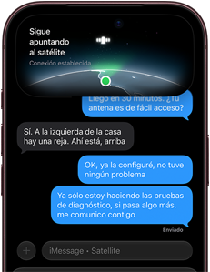 iPhone 18 Pro, color borgoña. La pantalla muestra la interfaz de conexión satelital con un punto verde que indica la ubicación del dispositivo, con los textos “Sigue apuntando al satélite” y “Conexión establecida” en la parte superior, y una conversación de iMessage debajo