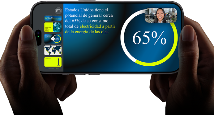 Demostración de una videollamada en horizontal con una presentación de Keynote en un iPhone 18 Pro, negro