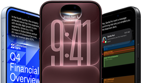 3 dispositivos iPhone 18 Pro, en color glaciar, color borgoña y negro, que muestran ejemplos de IA: servicios bancarios, Siri AI, resumen de Mensajes