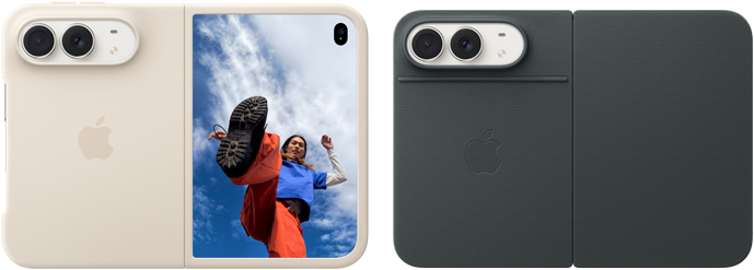 iPhone Duo, color blanco estrella con funda de silicón color arena, posición horizontal, completamente abierto, dos cámaras Fusion en la esquina superior izquierda, la funda cubre la parte posterior y el borde exterior de la pantalla frontal, a la derecha se muestra la pantalla exterior con el retrato de una persona. iPhone Duo, color blanco estrella, completamente abierto en posición horizontal, funda Folio con soporte azul marino, completamente abierta en posición horizontal, parte posterior con las dos cámaras Fusion de 48 MP, dos lentes