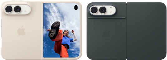 iPhone Duo, color blanco estrella con funda de silicón color arena, posición horizontal, completamente abierto en posición horizontal, dos cámaras Fusion en la esquina superior izquierda, la funda cubre la parte posterior y el borde exterior de la pantalla frontal, a la derecha se muestra la pantalla exterior con el retrato de una persona. iPhone Duo, color blanco estrella, completamente abierto en posición horizontal, funda Folio con soporte azul marino, completamente abierta en posición horizontal, parte posterior con las dos cámaras Fusion de 48 MP, dos lentes