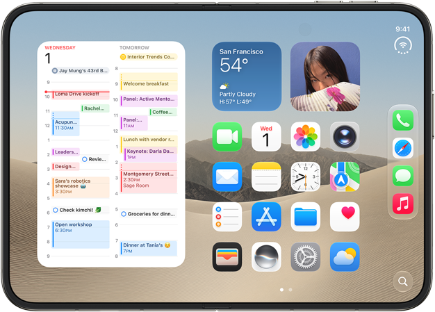 iPhone Duo, abierto en posición horizontal, el lado izquierdo muestra el widget de Calendario, el lado derecho muestra la pantalla de inicio de iOS