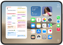 iPhone Duo, abierto en posición horizontal, el lado izquierdo muestra el widget de Calendario, el lado derecho muestra la pantalla de inicio de iOS