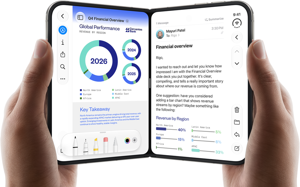 iPhone Duo, lo sostienen dos manos abierto en posición horizontal, el lado izquierdo muestra un documento de trabajo en Vista Previa, el lado derecho muestra un email en Mail