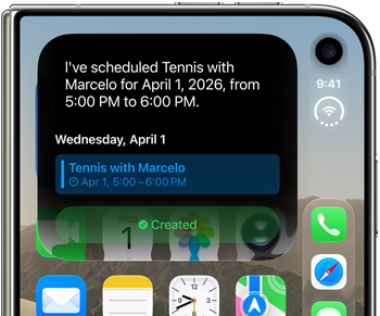 iPhone Duo, plegado, notificación de Siri AI que muestra una actualización del calendario en la pantalla exterior