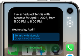 iPhone Duo, plegado, notificación de Siri AI que muestra una actualización del calendario en la pantalla exterior