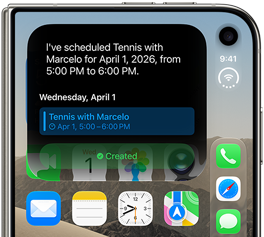 iPhone Duo, plegado, notificación de Siri AI que muestra una actualización del calendario en la pantalla exterior