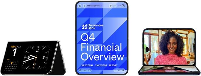 iPhone Duo, en distintas posiciones: semiabierto, posición horizontal en forma de V invertida, diseño todo pantalla. Abierto en posición vertical, la pantalla muestra una app bancaria. Abierto en posición horizontal, abierto en ángulo recto, pantalla interior, diseño todo pantalla