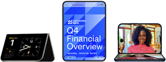 iPhone Duo, en distintas posiciones: semiabierto, posición horizontal en forma de V invertida, diseño todo pantalla. Abierto en posición vertical, la pantalla muestra una app bancaria. Abierto en posición horizontal, abierto en ángulo recto, pantalla interior, diseño todo pantalla