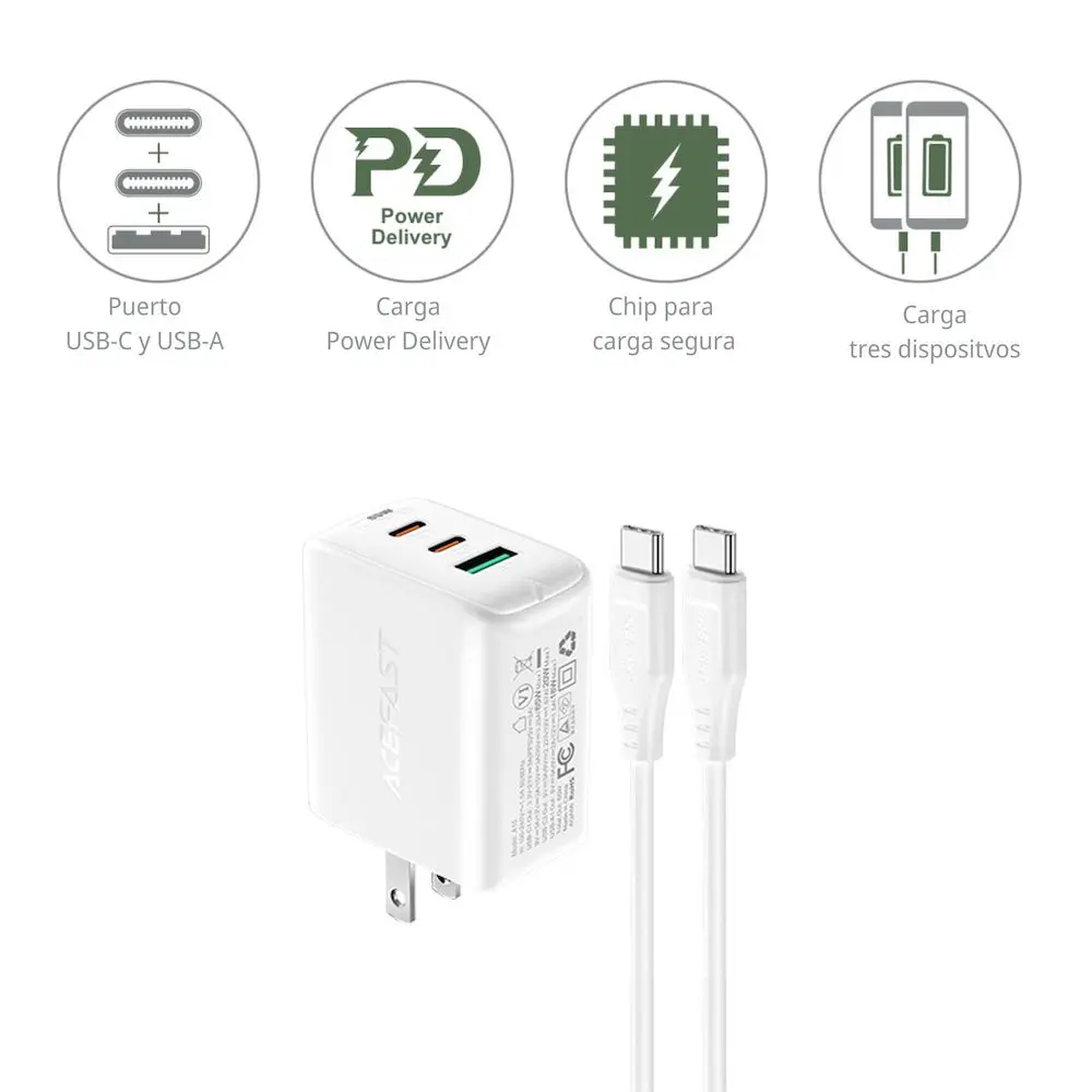 cargador acefast a15 de pared pd65w 2 usb c usb a blanco | iReNew