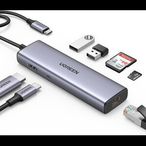 Compra Adaptador Ugreen 90568 7 en 1 USB-C a 2 USB 3.0 HDMI RJ45 SD-TF PD