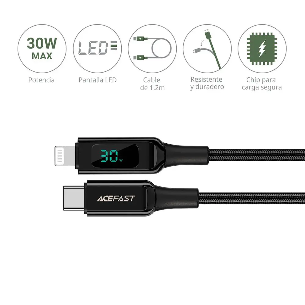 cable acefast 6974316281030 lightning a usb c indicador de carga negro | iReNew