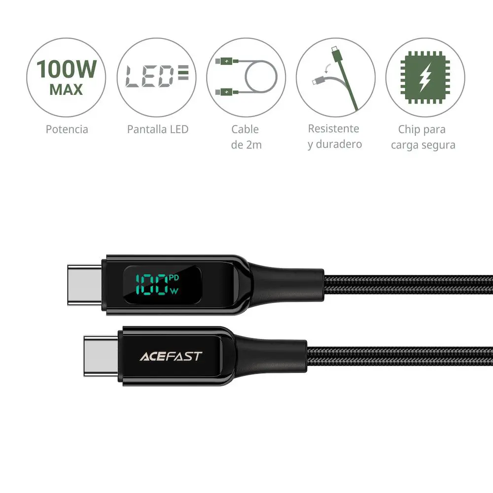 cable acefast 6974316281054 usb c con indicador de carga 100 w negro | iReNew