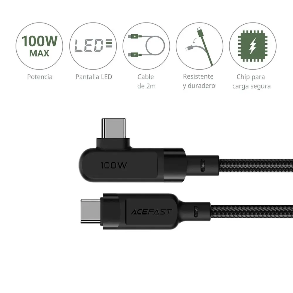 cable acefast 6974316281016 usb c a usb c angulo recto 100w 2 m negro | iReNew