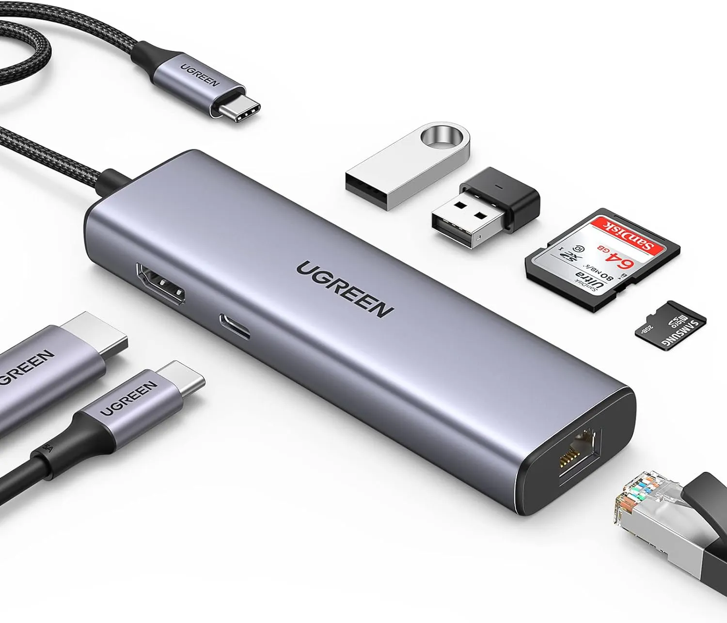 adaptador ugreen 90568 7 en 1 usb c a 2usb 3 0 hdmi rj45 sd tf pd | MacStore Online